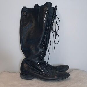 Charles David Knee High Tall Black Leather Lace-Up Boots 7